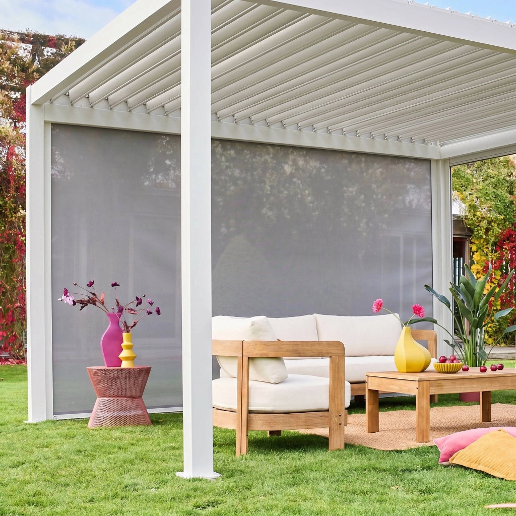 Pergola bioclimatica 3x4m in alluminio + tenda da sole 4m, bianco