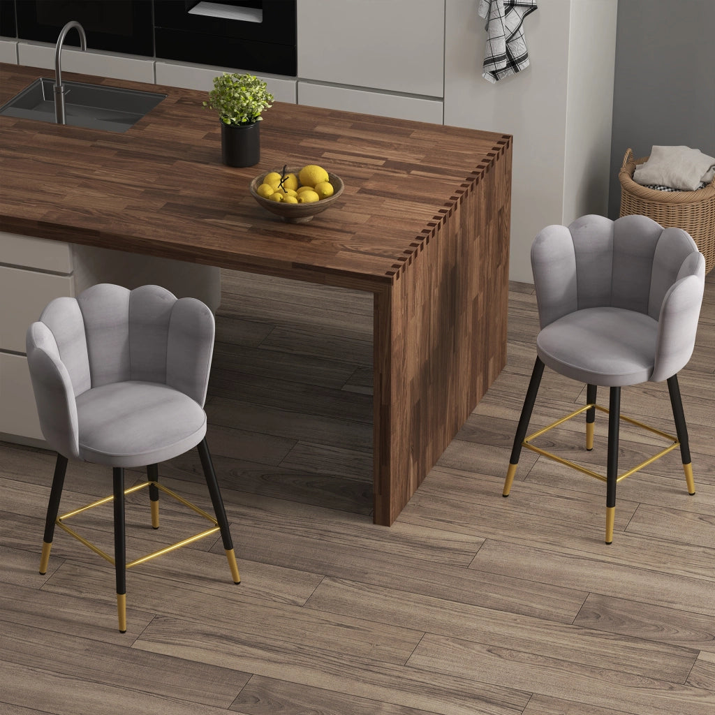 Set da 2 Sgabelli da Bar Vellutati con Poggiapiedi e Base in acciaio, 59x52x90cm, Grigio