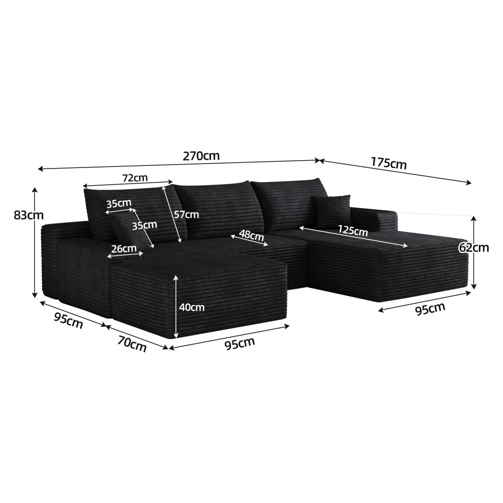 Divano angolare modulare 270 cm - con chaise longue e schiuma elastica - in tessuto nero
