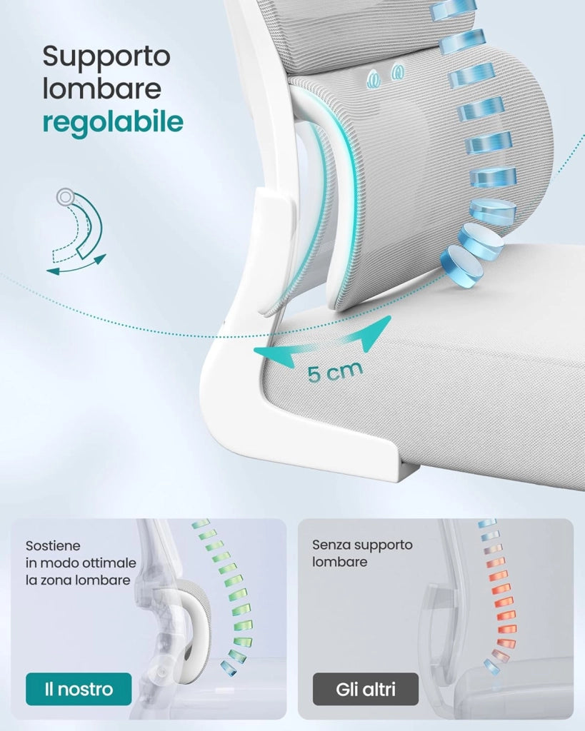 SONGMICS Sedia Ergonomica da Ufficio, Sedia Computer, Tessuto Rete a Doppio Strato, Braccioli Sollevabili, Supporto Lombare Adattabile, Poggiatesta Regolabile, per Studio, Grigio Tortora OBN041G01