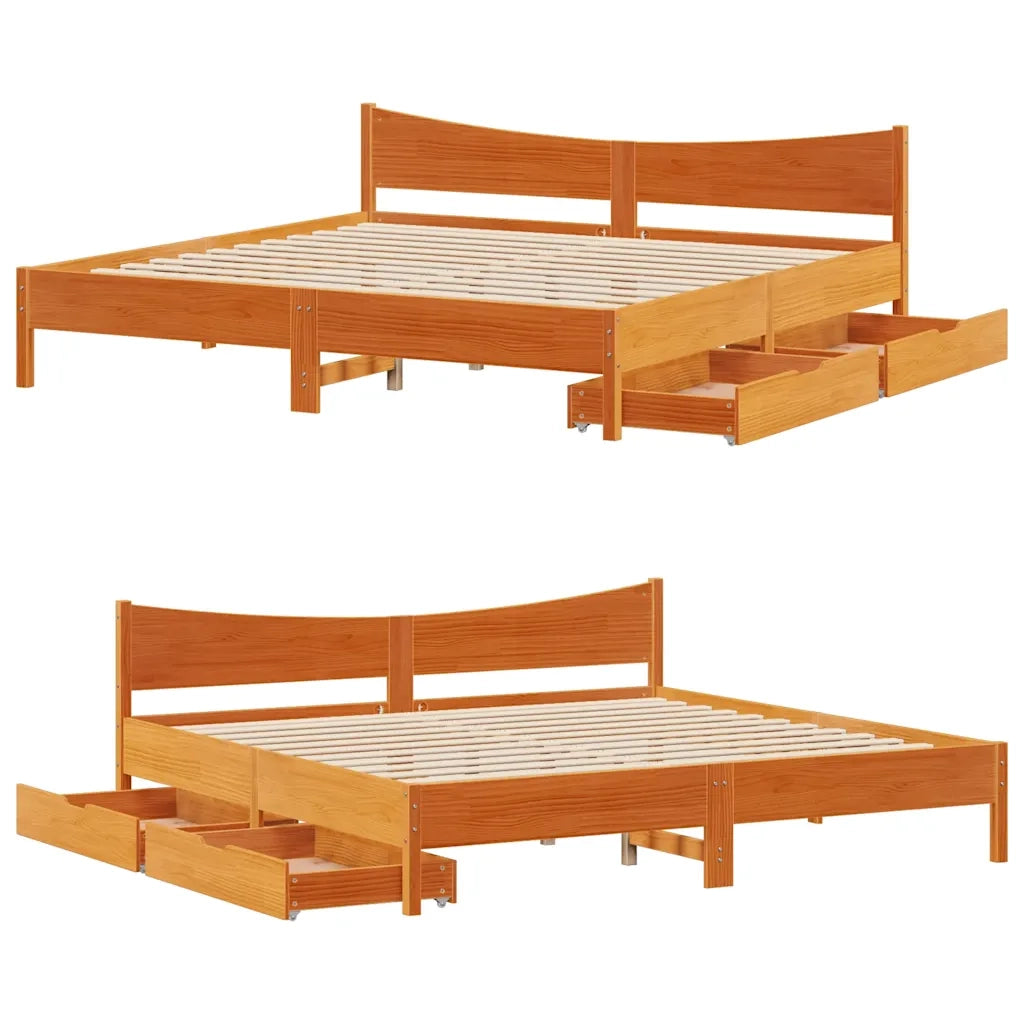 Giroletto con Cassetti-Struttura Letto con contenitore Marrone Cera 200x200 cm Massello Pino