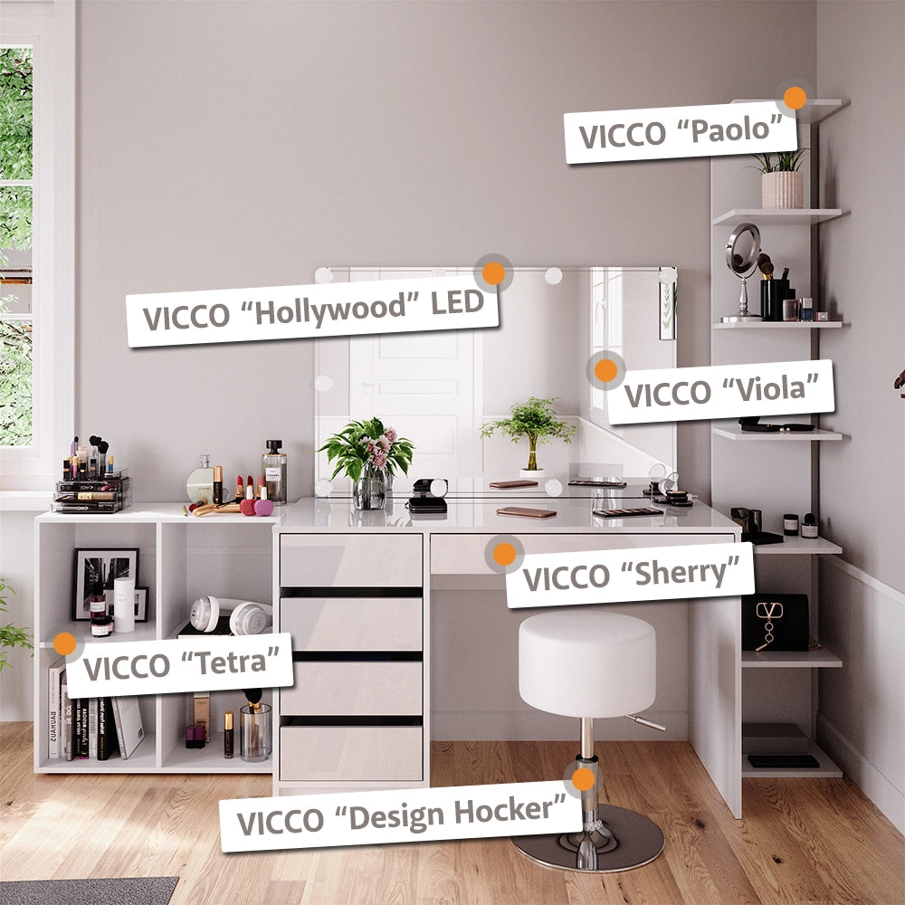 Vicco Tavolo da toeletta Bianco 55 cm con illuminazione a LED e sgabello