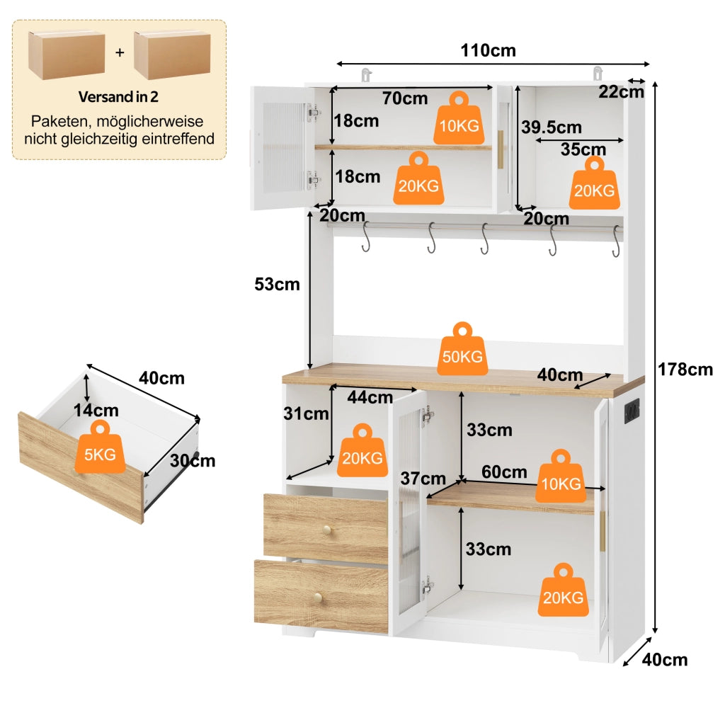 ARMADIO CUCINA Alto 110x40x178 cm MDF Bianco/Naturale con LED e prese USB