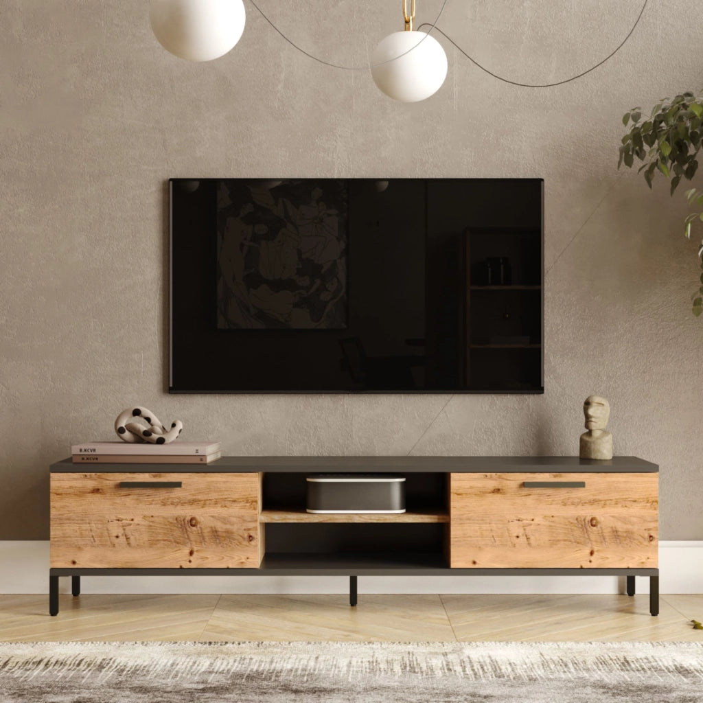 Mobile Basso 'Lempäälä' Supporto TV con Passaggio Cavi Consolle con Sportelli a Ribalta - Rovere Rustico/Antracite [en.casa]