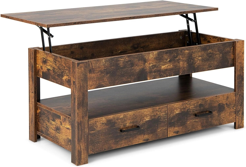Tavolino alto alto 48-61 cm, tavolino da caffè grande con 1 scomparto nascosto, 1 ripiano 2 toroir, costruzione stabile, carico massimo 50 kg, per soggiorno, sala da pranzo, marrone