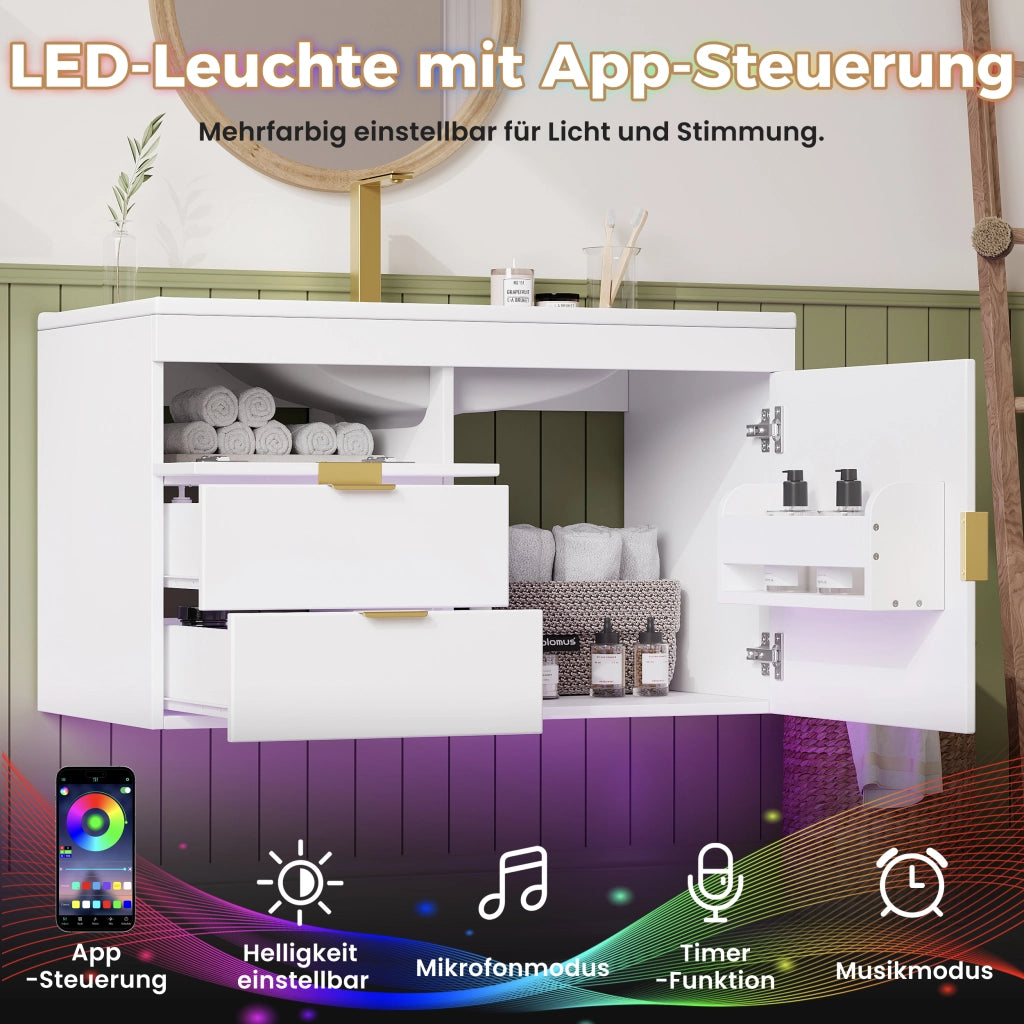 Mobile sottolavabo con LED e lavabo in ceramica, 2 cassetti e vano laterale, per bagno, bianco, 77 × 47 × 51 cm