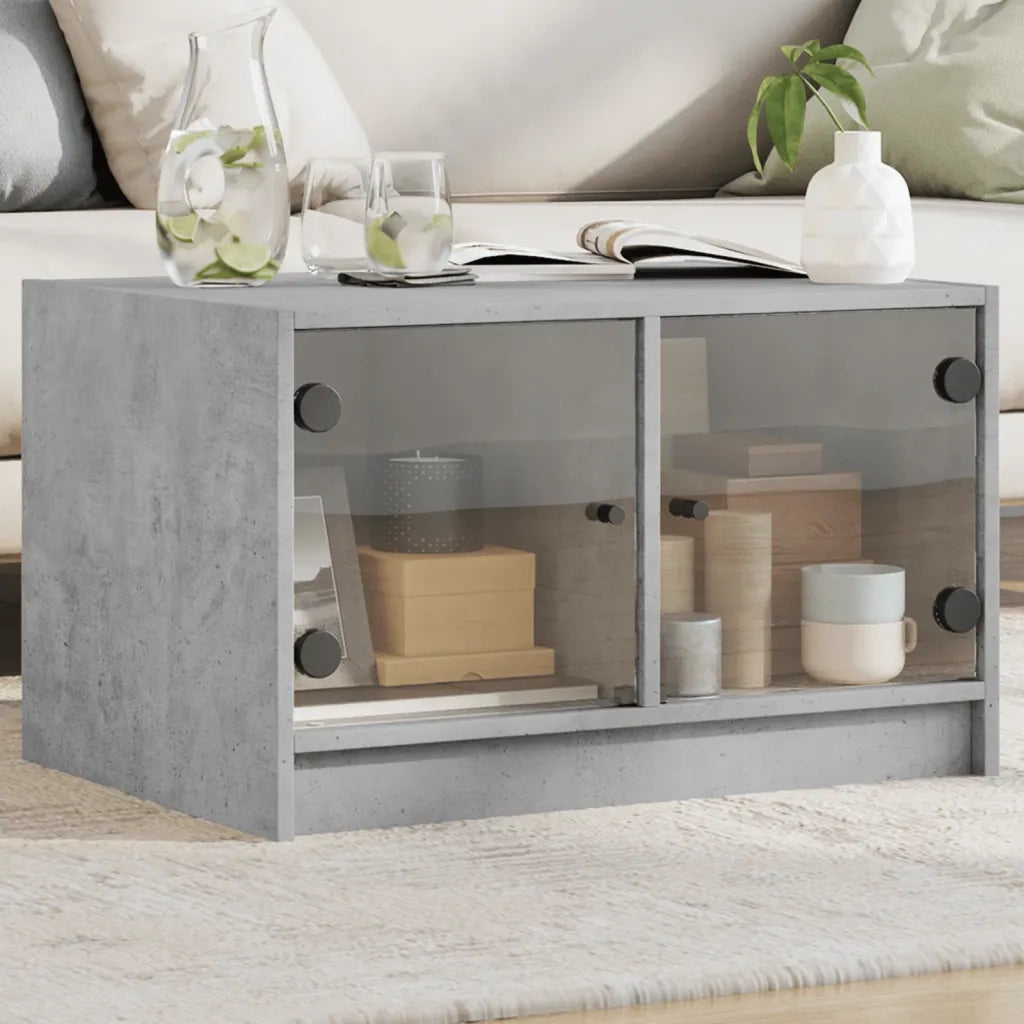 Tavolino da Salotto con Ante in Vetro-Tavolino da soggiorno Grigio Cemento 68x50x42cm