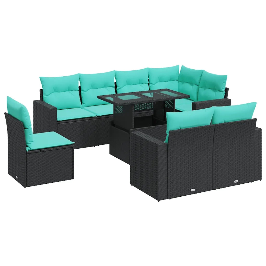 Set Divani da Giardino 9 pz con Cuscini Nero Polyrattan Acacia