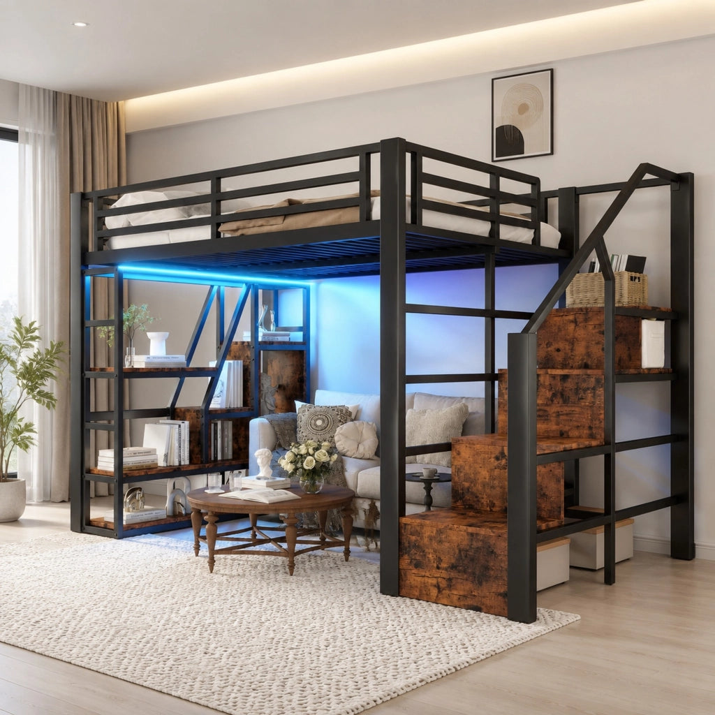 DESMIU Letto a Soppalco Letto Matrimoniale con LED, Scala Contenitore e Ripiani, 140 × 200 cm, Senza Materasso, Nero
