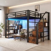 DESMIU Letto a Soppalco Letto Matrimoniale con LED, Scala Contenitore e Ripiani, 140 × 200 cm, Senza Materasso, Nero