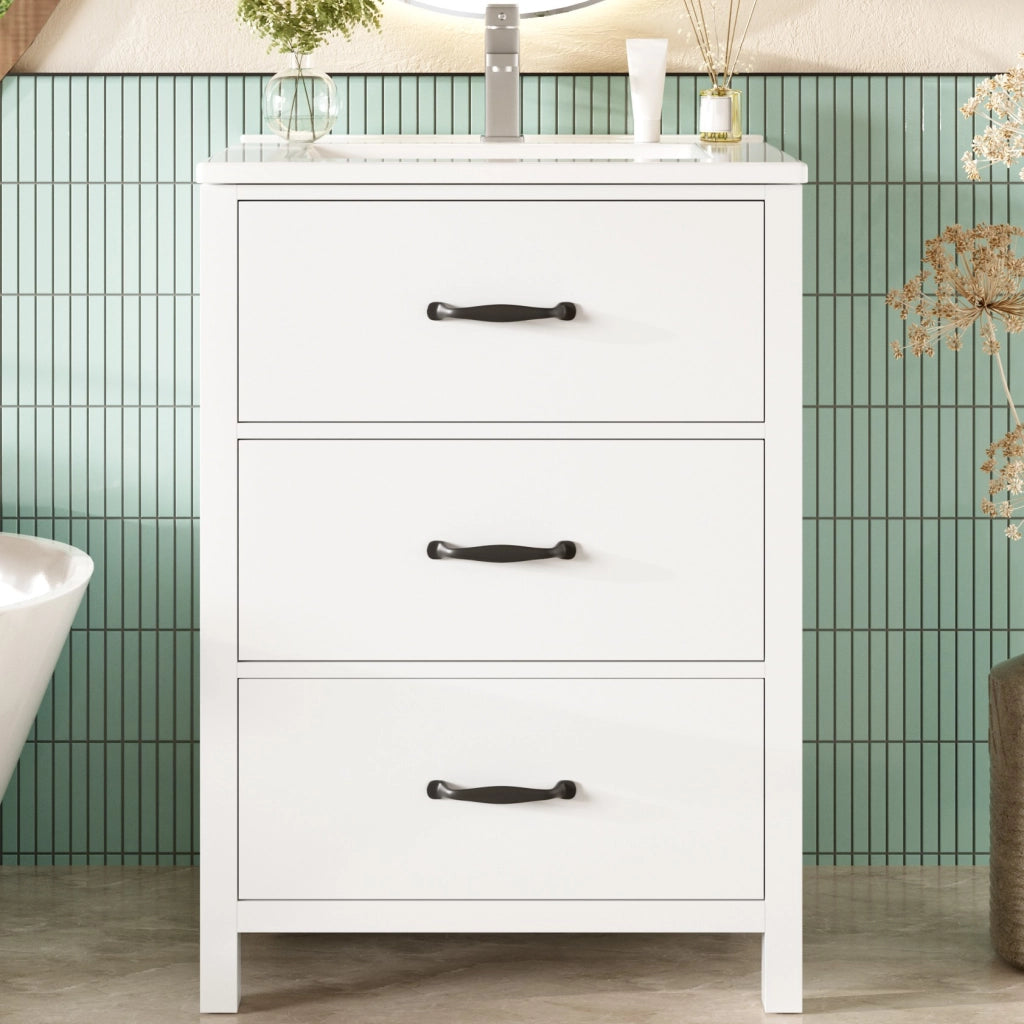 Mobile sottolavabo con lavabo in ceramica, 3 cassetti e vani contenitore, per bagno, bianco, 61 × 47 × 83 cm