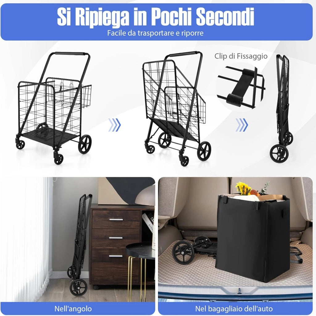 Carrello Portaspesa Pieghevole con Sacca, Carrello della Spesa Pieghevole con Ruote Girevoli a 360°, 2 Cesti, Capacità di Carico: 150 kg, 126 L, 66 x 64 x 103 cm (Nero)