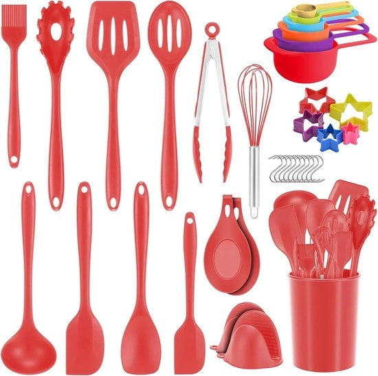 Set di accessori da cucina in silicone - 36 pezzi - rivestimento antiaderente - termoresistente - rosso - utensili da cucina - manico a giro - cucchiaio - cottura - frittura - mescolazione