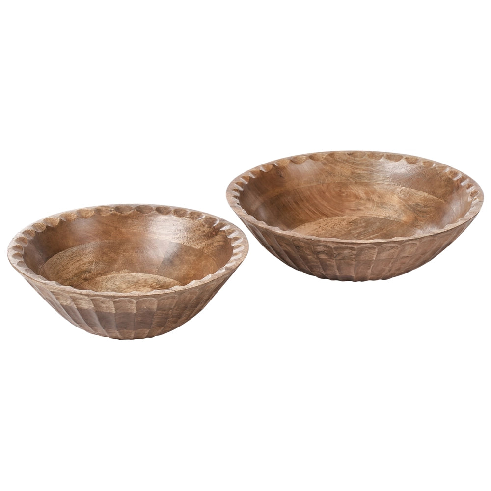 Set di 2 ciotole per frutta in legno di mango fatte a mano in stile moderno marrone chiaro