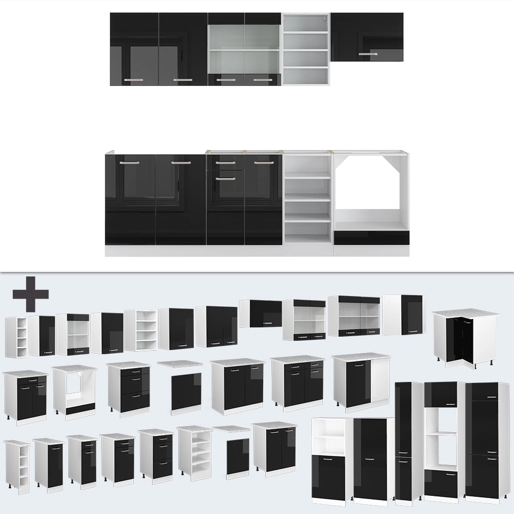 Cucina componibile R-Line Nero lucido/Bianco 240 cm senza piano di lavoro Vicco