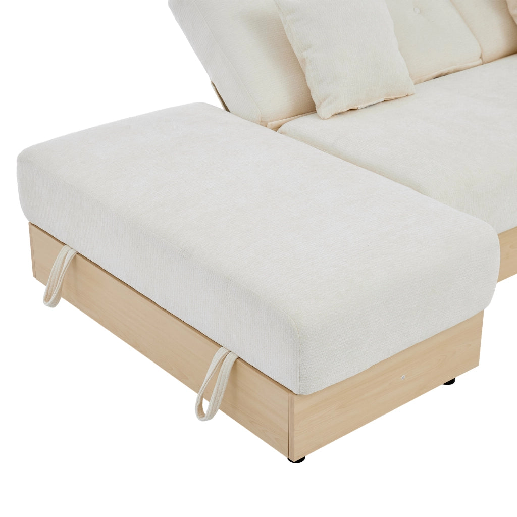 Divano letto con schienale reclinabile, spazio contenitore e portabicchieri, in chenille beige 217 × 110 × 90 cm