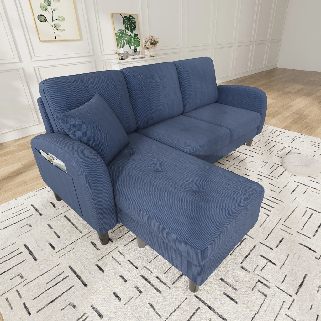 Divano angolare reversibile 3 posti con chaise longue modulare, in tessuto a coste Blu 166 × 118 × 77 cm