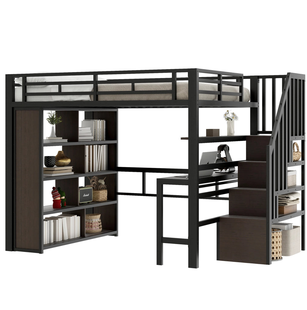 Hochbett con scrivania, ripiani e LED, 140 x 200 cm, nero