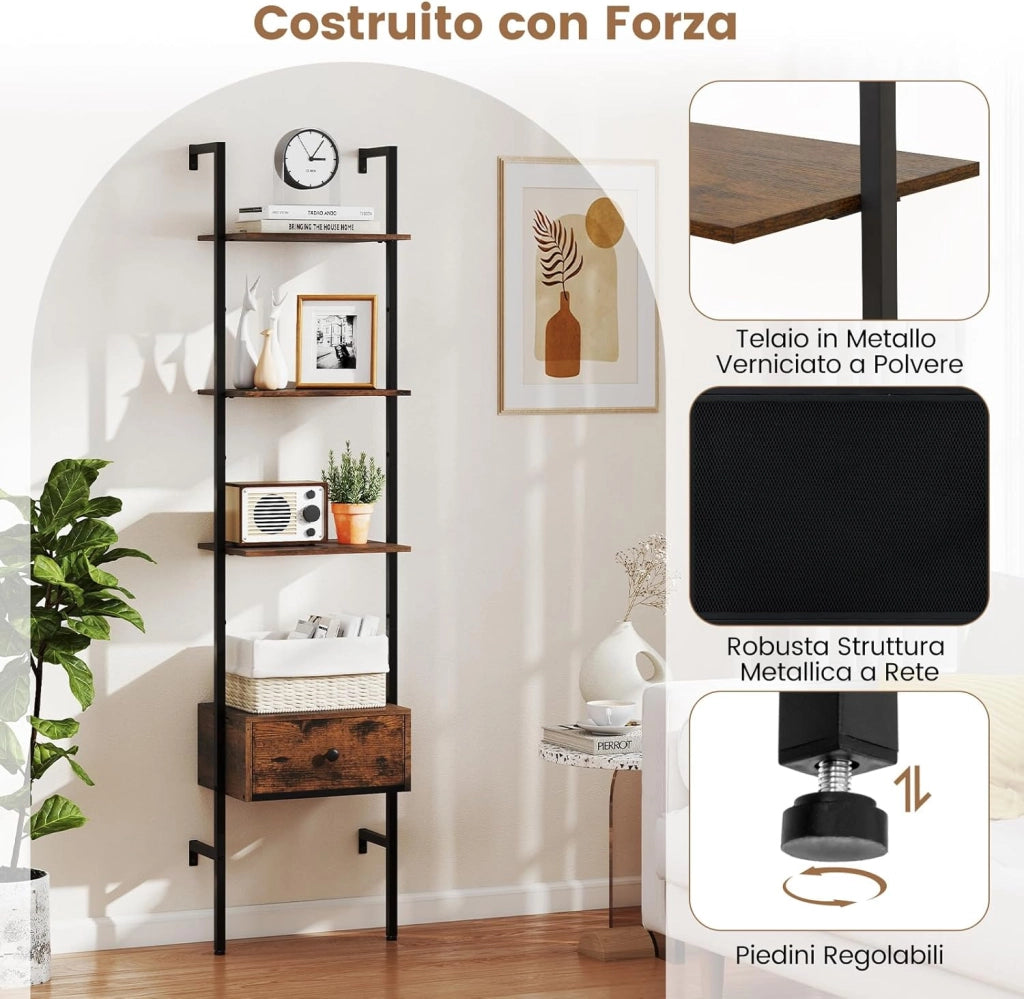 Libreria a Scala a 5 Ripiani con Cassetto in Tessuto, Scaffale da Parete Salvaspazio in Legno, Scaffale Portaoggetti per Soggiorno, Studio e Camera da Letto, 43 x 30 x 178 cm, Marrone