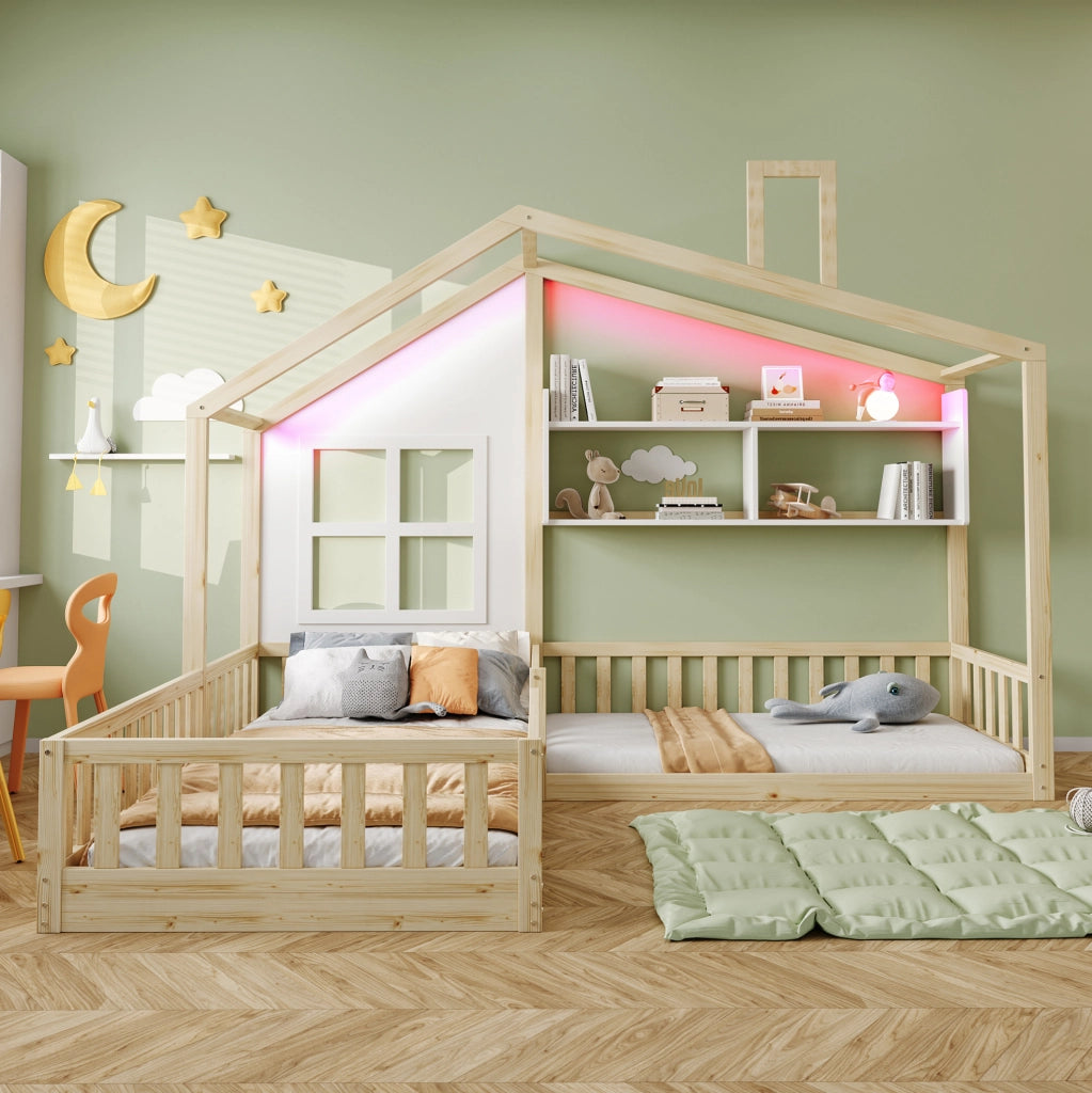 Letto per bambini a casetta 90x200 cm in legno e MDF; con LED; mensole e sponde di sicurezza