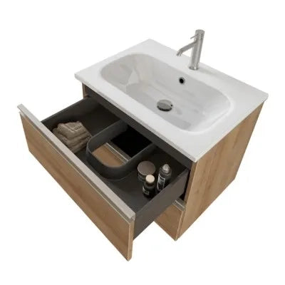 Mobile bagno sospeso 60 cm rovere miele con lavabo e specchio contenitore Master