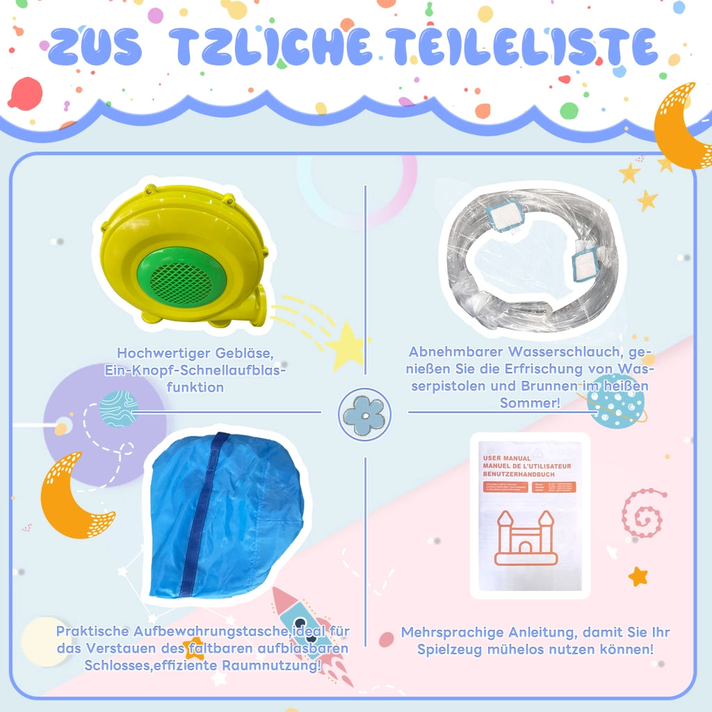 Castello gonfiabile con doppio scivolo area giochi d'acqua trampolino in tessuto oxford blu per bambini con motore 450 W