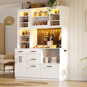 Credenza da cucina con LED RGB, prese e 5 cassetti, ripiani regolabili, per cucina, bianco, 185 × 145 × 40 cm