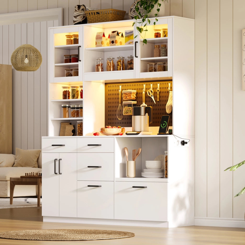 Credenza da cucina con LED RGB, prese e 5 cassetti, ripiani regolabili, per cucina, bianco, 185 × 145 × 40 cm