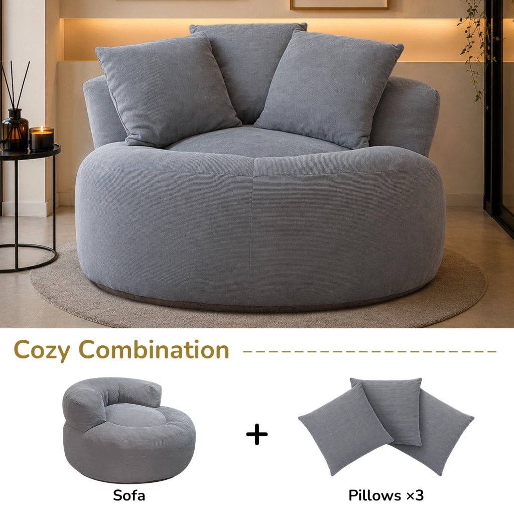 Poltrona pouf rotonda da pavimento - seduta morbida e leggera - in corduroy - grigio