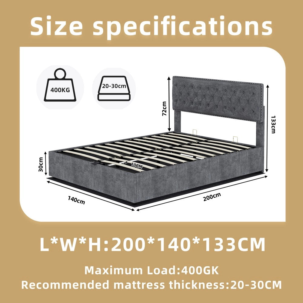 Letto Contenitore Imbottito ¨C MINIMAL ¨C Grigio 140x200 con Materasso