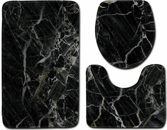 Set da bagno 3 pezzi composto da un tappeto da bagno, un contormat, un vetrata per wc e un tappetino da bagno.