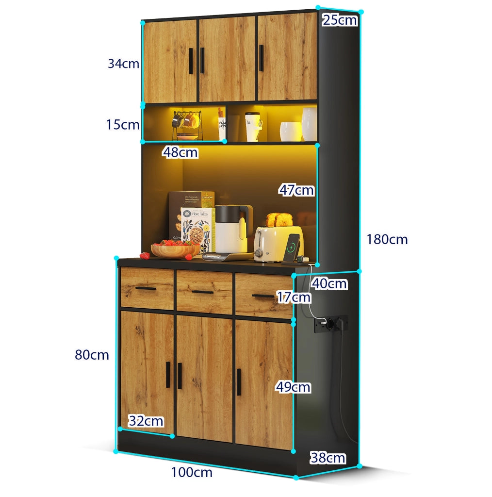 Mobile cucina 100x40x180 cm con LED e controllo APP; 3 cassetti; MDF; nero e naturale