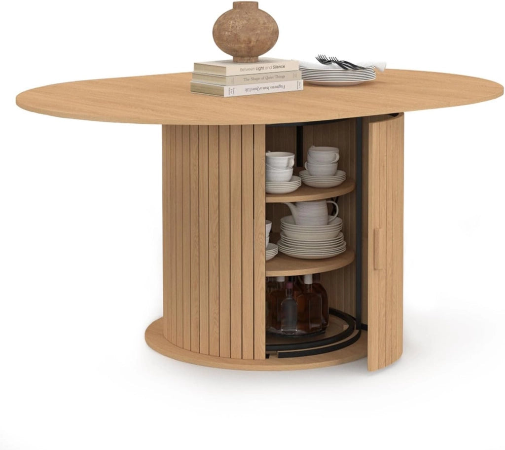 JULIETTE Tavolo da pranzo rotondo allungabile per 4-8 persone con gambe a doghe e contenitore 110-150 cm