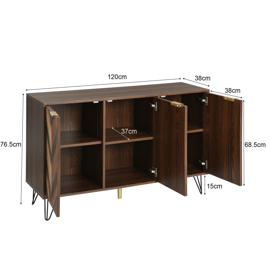 OKWISH Credenza Contenitore con 3 Ante e Ripiani Interni, Maniglie Dorate, Gambe in Ferro, per Soggiorno 120 x 38 x 76.5 cm
