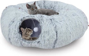 Tunnel per gatto interattiva con piastra centrale, 2 aperture e pallone penzolante - Ripiegabile e adatto per interni (grigio, 85 x 26 cm)