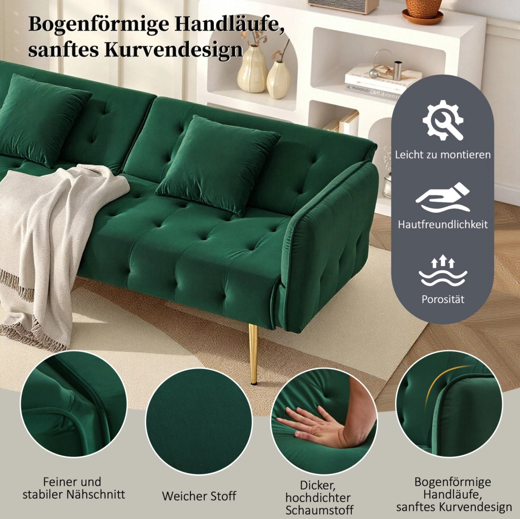 Divano letto 2 posti convertibile con schienale e braccioli regolabili; 215x81;5 cm; verde