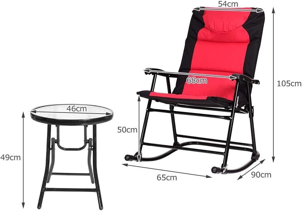Set di 3 sedie a dondolo, pieghevoli, da balcone, con 1 tavolino e 2 sedie a dondolo, da giardino, per esterni, balcone, set per 2 persone, per balcone, giardino (rosso)