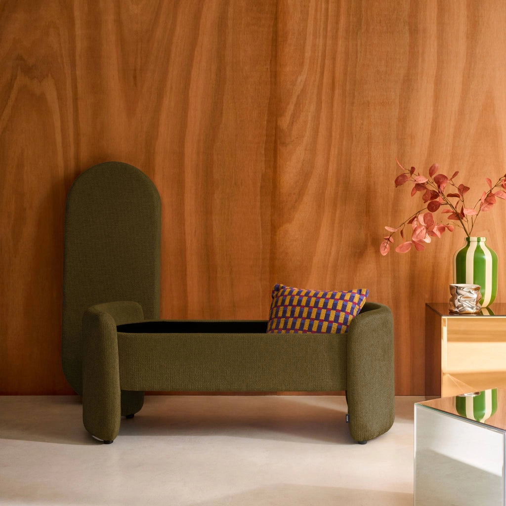 Panca contenitore, fondo letto contemporaneo in tessuto, verde kaki