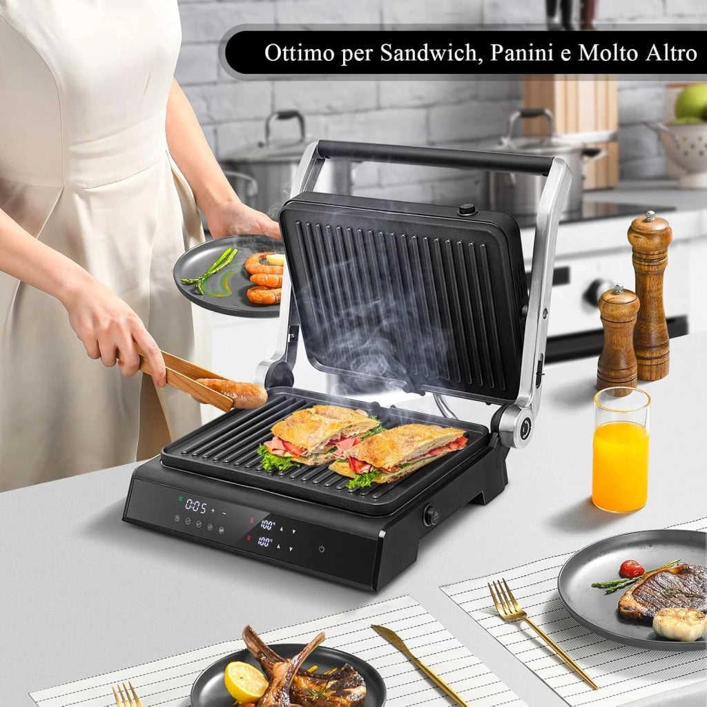 3 in 1 Piastre per Panini 2000 W, Bistecchiera Elettrica con 5 Modalità Automatiche, Cottura Bifacciali, Timer 0-4H e Display a LED, Materiale Antiaderente, Ideale per Panini e Barbecue