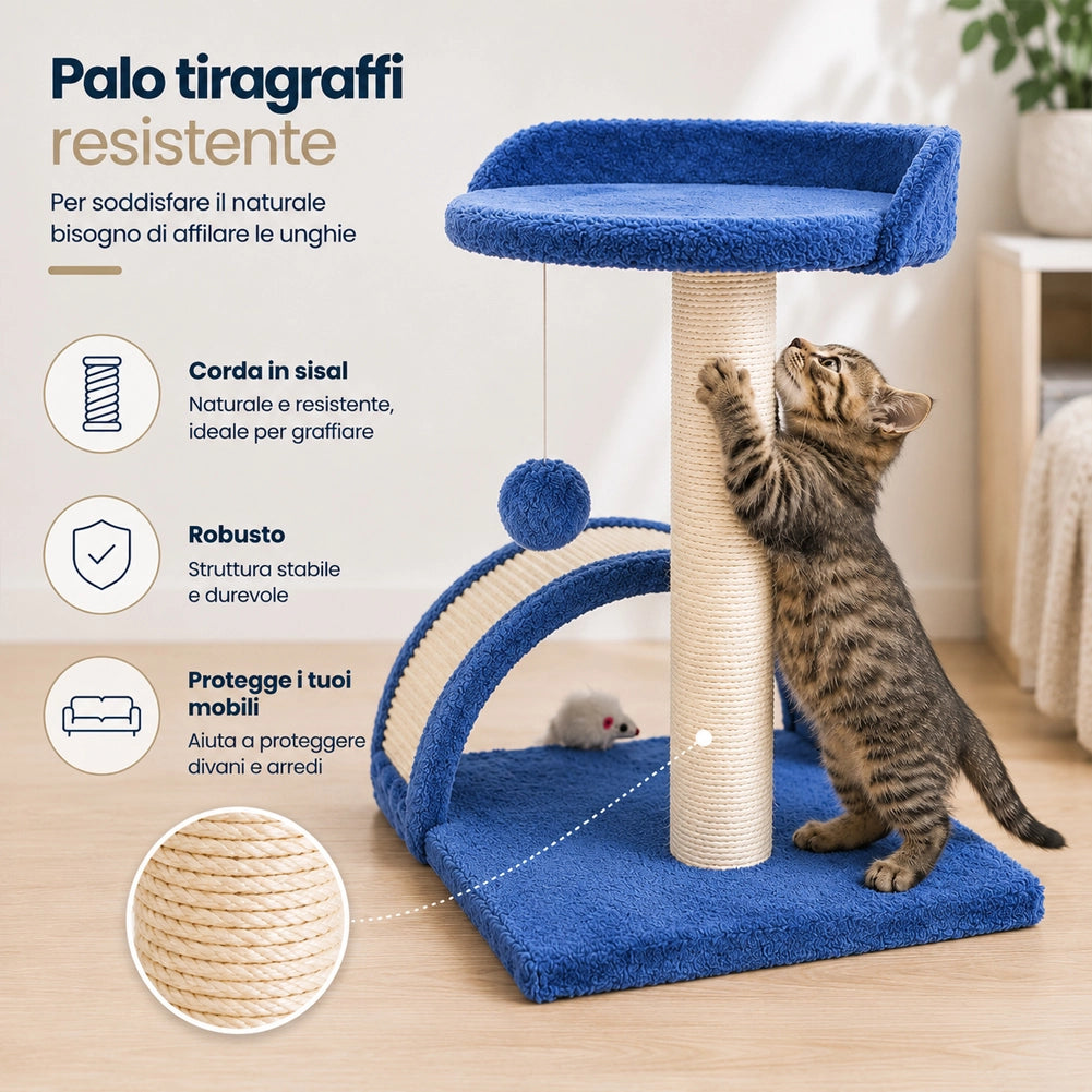 Tiragraffi Per Gatti Blu Con Gioco Pallina Palo 50cm Topolino Tunnel Soffice