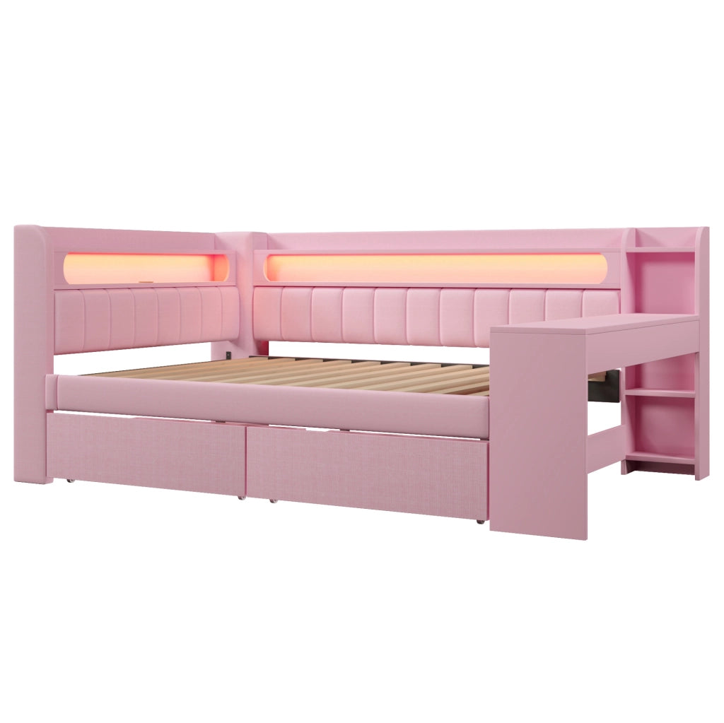 Daybed imbottito 140x200 con USB; LED; scrivania e 2 cassetti; rosa