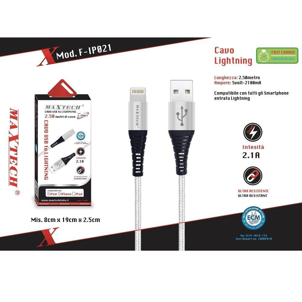 Trade Shop - Cavo Usb A Lightning Per Smartphone 2.1a 2.5mt Trasmissione Dati Maxtech F-ip021 -