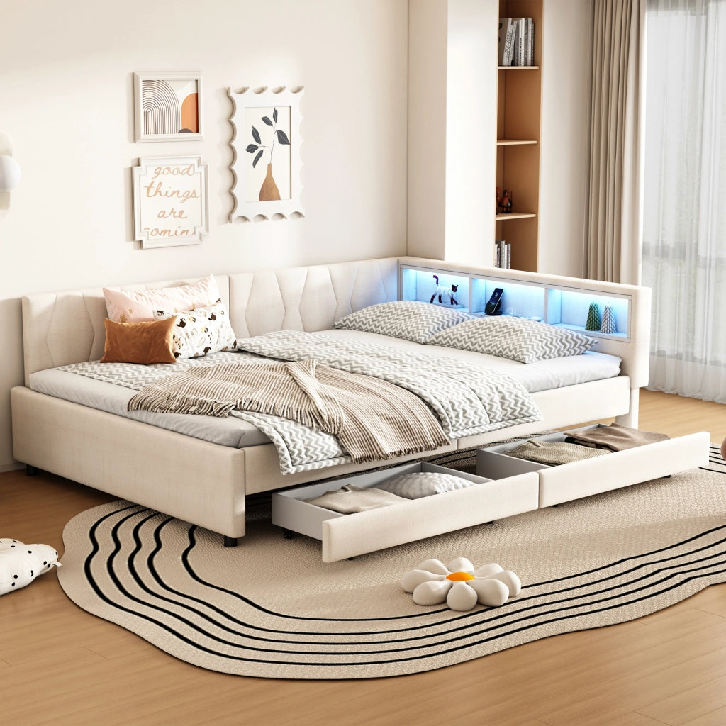 LETTO da giorno 140x200 cm beige in lino e MDF con USB+Type C e LED