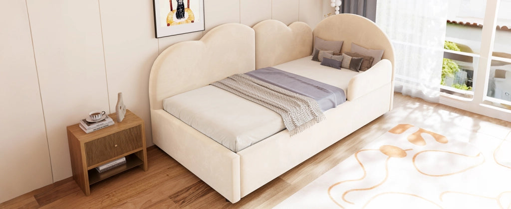 Letto imbottito a scomparsa a L con testiera a forma di nuvola in velluto beige per camera da letto e ospiti