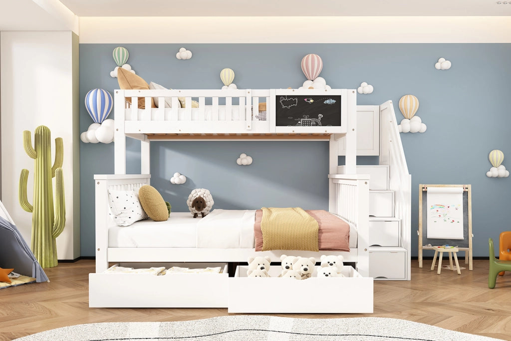 DESMIU Letto a castello per bambini 90 × 200 cm con lavagna, 2 cassetti, vano nella scala, senza materasso, legno bianco