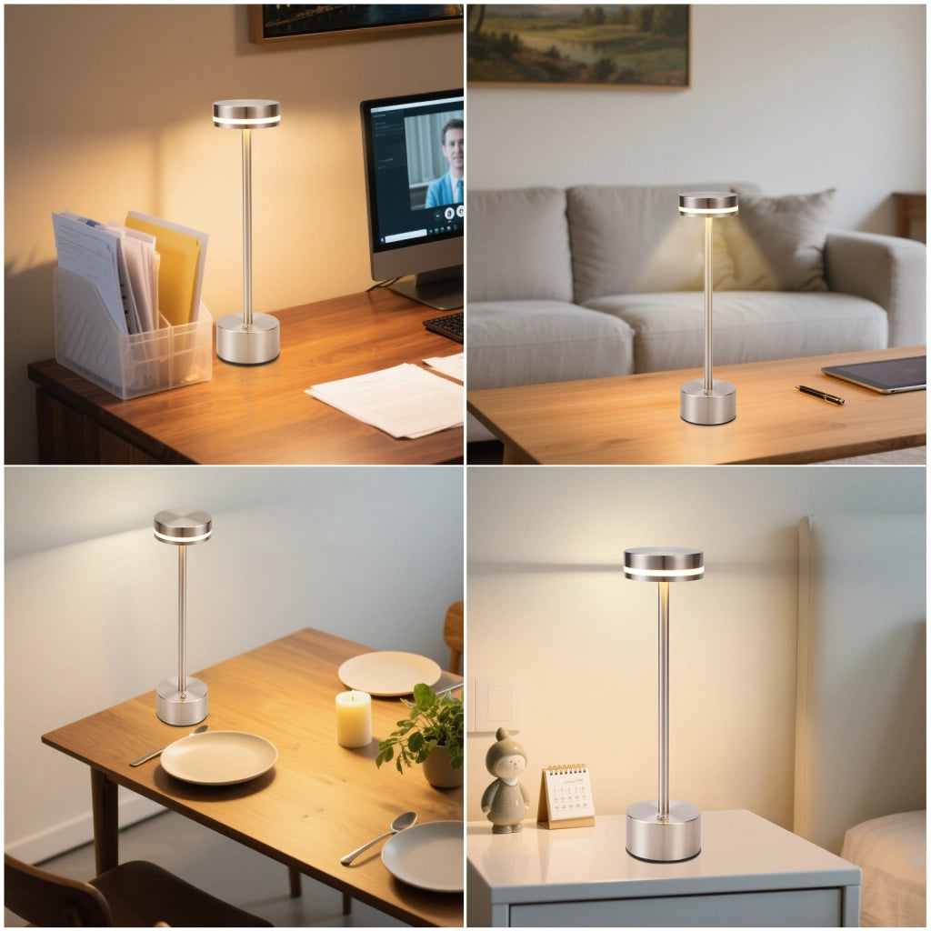 ZMH Lampada da tavolo LED argento wireless batteria touch dimmerabile H32cm per comodino camera letto