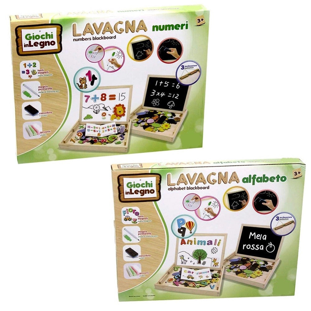 Trade Shop - Scatola Lavagna In Legno 2 Lati Gessetti Pennarelli E Magneti Lettere E Numeri -