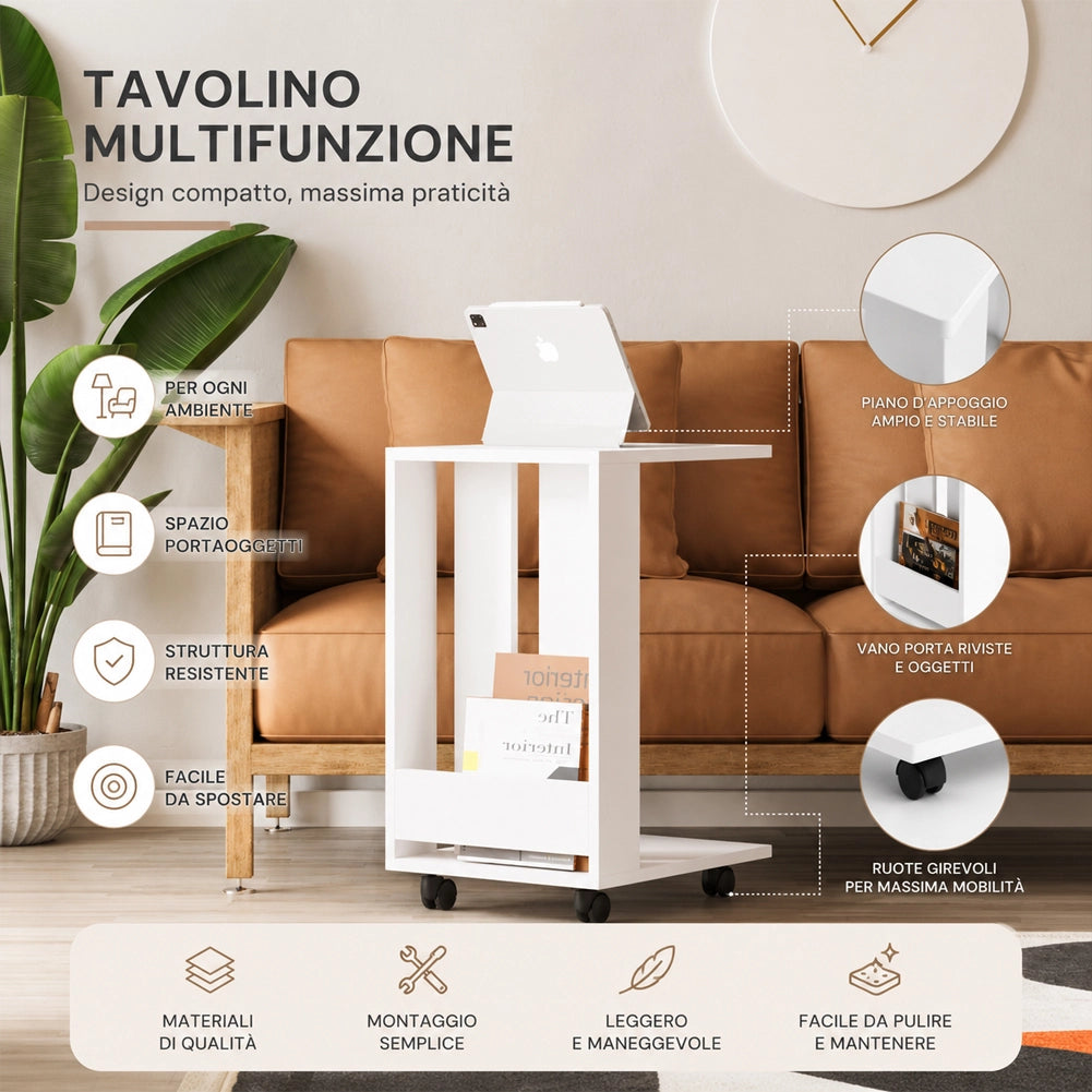 Tavolino Ausiliario con Ruote Design Moderno Mobile Letto Divano Colore Bianco