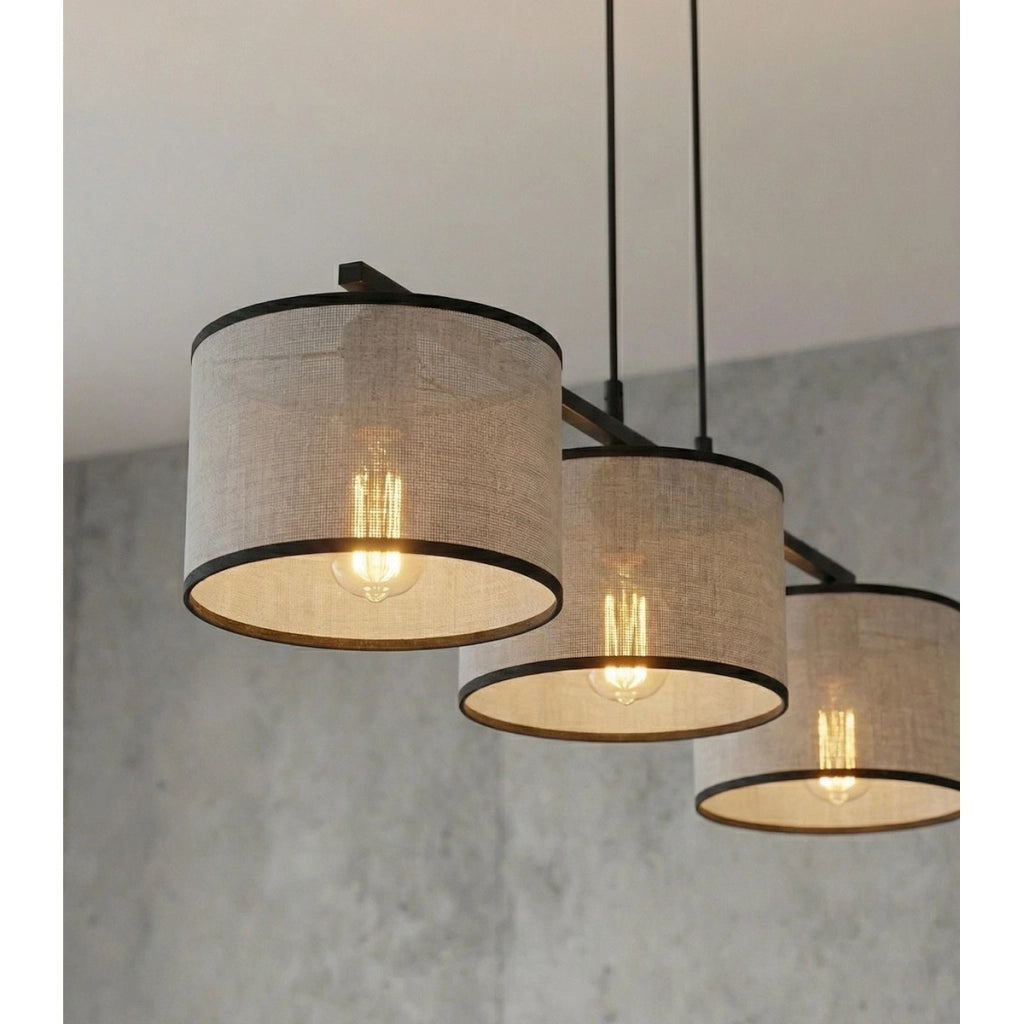 Lampada a sospensione Eco con tre luci in acciaio nero e tessuto grigio