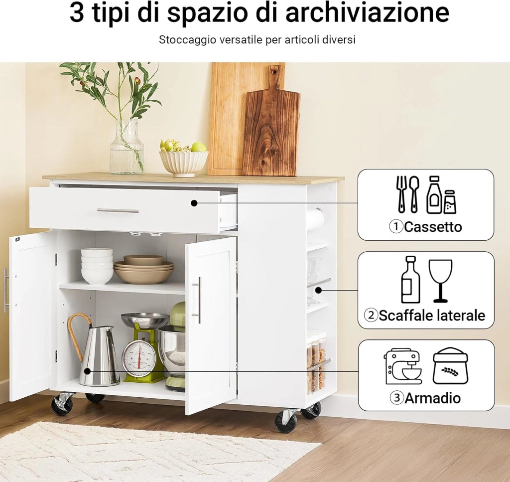 Isola Cucina con Ruote – Carrello Cucina Salvaspazio con Cassetto e Ripiano Regolabile – Mobiletto Cucina con Piano di Lavoro, da Pranzo o per Penisola Cucina, Bianco 99x40x85 cm FKW133-WN